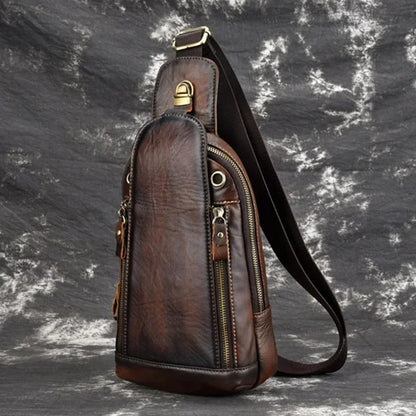 Vintage cowhide men's chest high quality genuine leather male shoulder messenger casual crossbody fashion sling bag