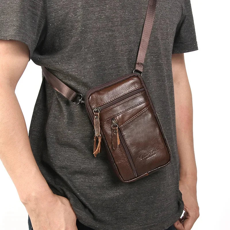 Vintage genuine leather men's waist pack fashion mobile phone business belt pouch cowhide shoulder messenger bag