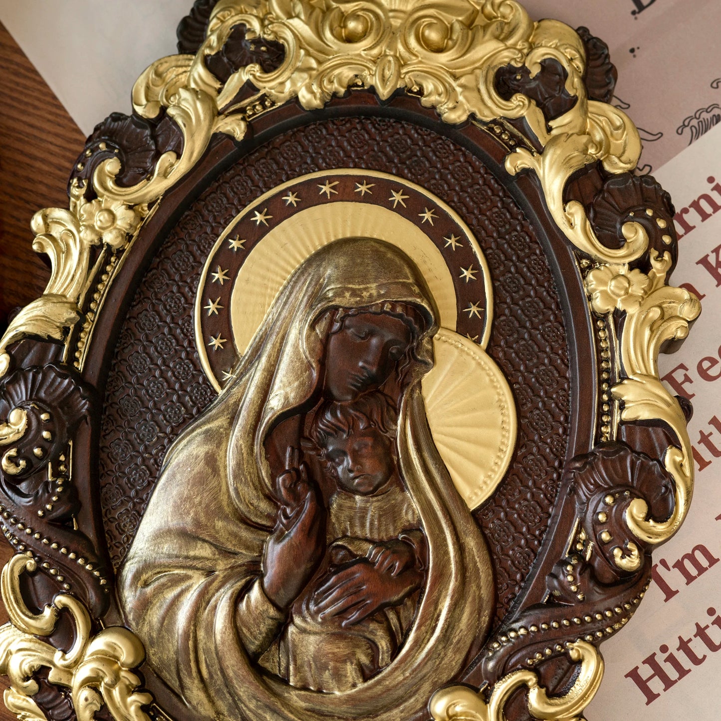 Virgin Mary and Baby Jesus Wood Carving Decoration Catholic Religious Home Hanging Decoration Virgin Mary Christian Saints Gift