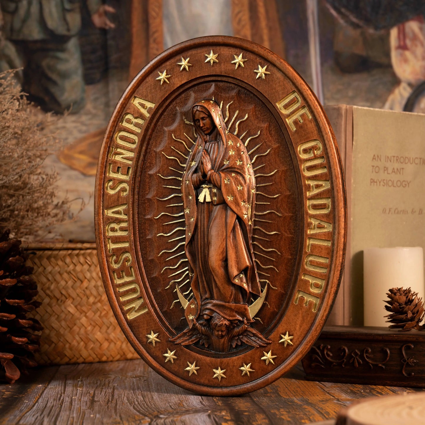 Virgin Mary of Guadalupe Statue Solid Wood Wood Carving Home Church Catholic Religious Wall Decor Christian Gift