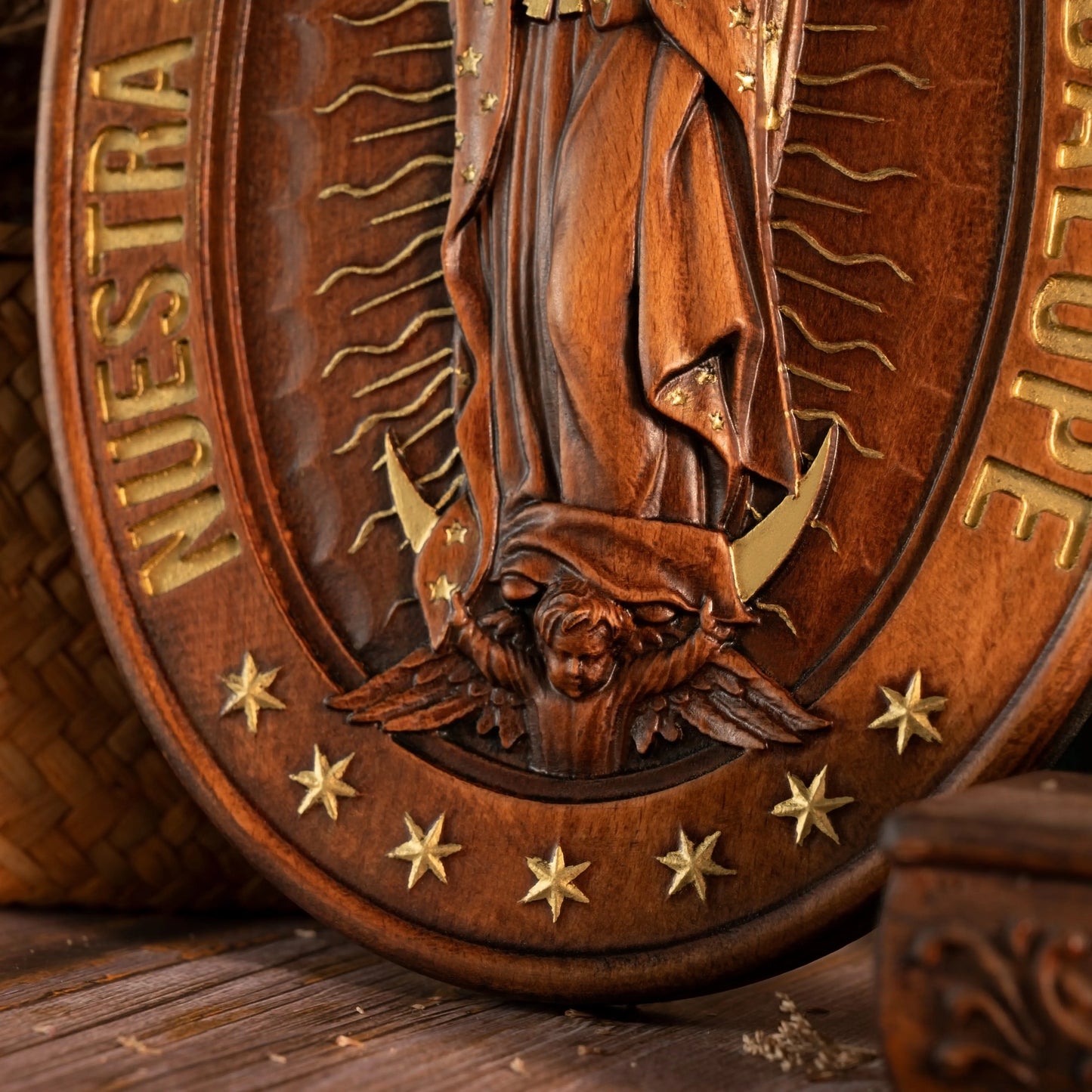 Virgin Mary of Guadalupe Statue Solid Wood Wood Carving Home Church Catholic Religious Wall Decor Christian Gift