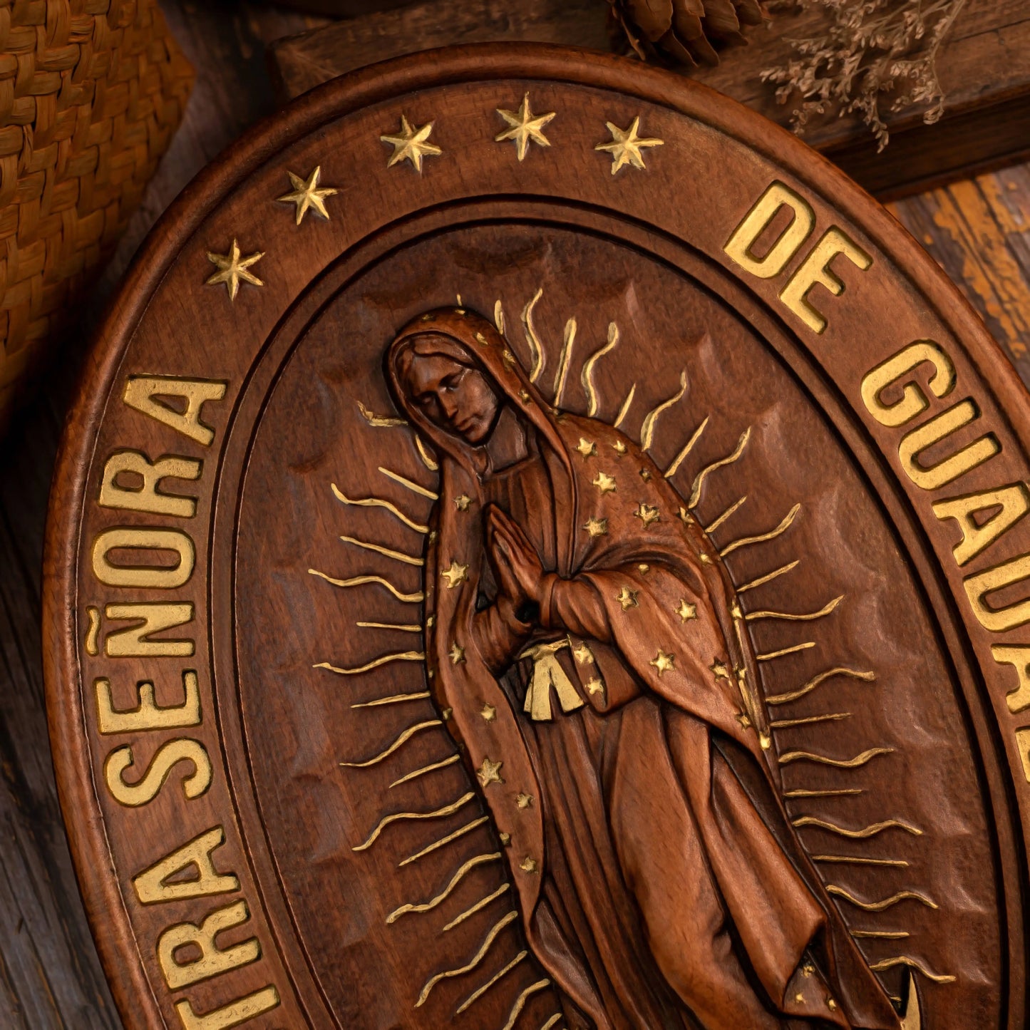 Virgin Mary of Guadalupe Statue Solid Wood Wood Carving Home Church Catholic Religious Wall Decor Christian Gift