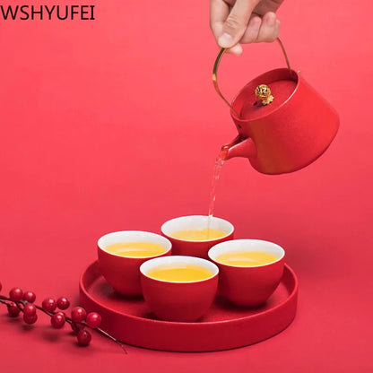 WSHYUFEI Red Teapot Ceramics tea set China wedding Tea Sets Tea Cups Pot Porcelain Wedding banquet Beautiful Kettle Gifts