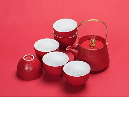 WSHYUFEI Red Teapot Ceramics tea set China wedding Tea Sets Tea Cups Pot Porcelain Wedding banquet Beautiful Kettle Gifts