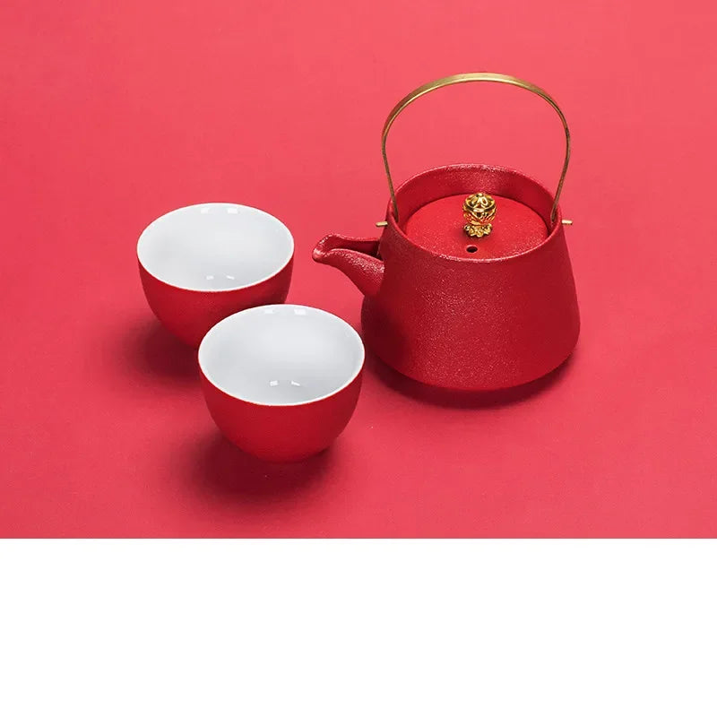 WSHYUFEI Red Teapot Ceramics tea set China wedding Tea Sets Tea Cups Pot Porcelain Wedding banquet Beautiful Kettle Gifts