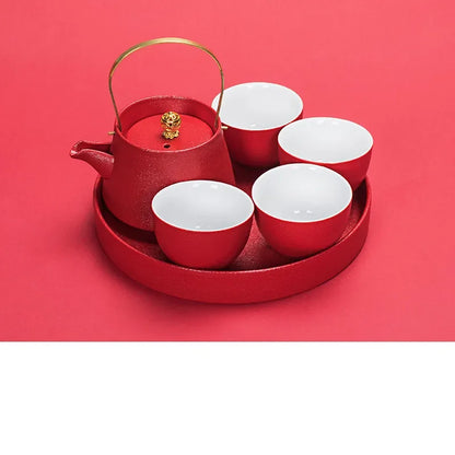 WSHYUFEI Red Teapot Ceramics tea set China wedding Tea Sets Tea Cups Pot Porcelain Wedding banquet Beautiful Kettle Gifts