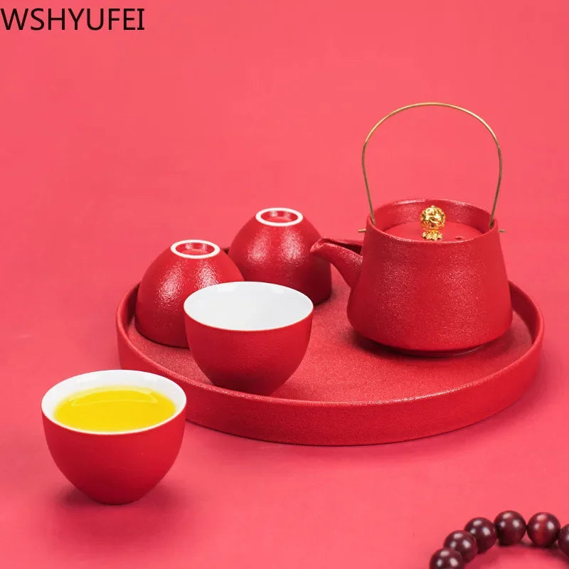 WSHYUFEI Red Teapot Ceramics tea set China wedding Tea Sets Tea Cups Pot Porcelain Wedding banquet Beautiful Kettle Gifts