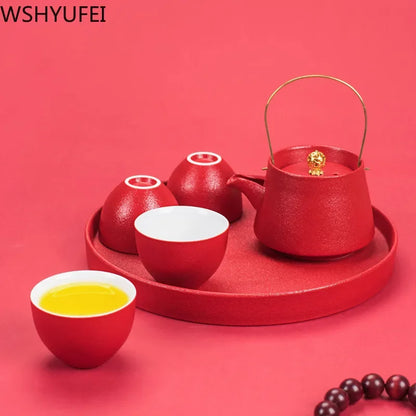 WSHYUFEI Red Teapot Ceramics tea set China wedding Tea Sets Tea Cups Pot Porcelain Wedding banquet Beautiful Kettle Gifts