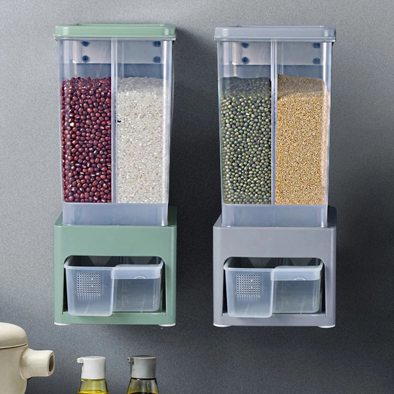 Wall Mounted Cereal Dispenser Moisture Proof Sealed Food Storage Box Rice Grain Storage Container Rice Bucket Kitchen Organizer