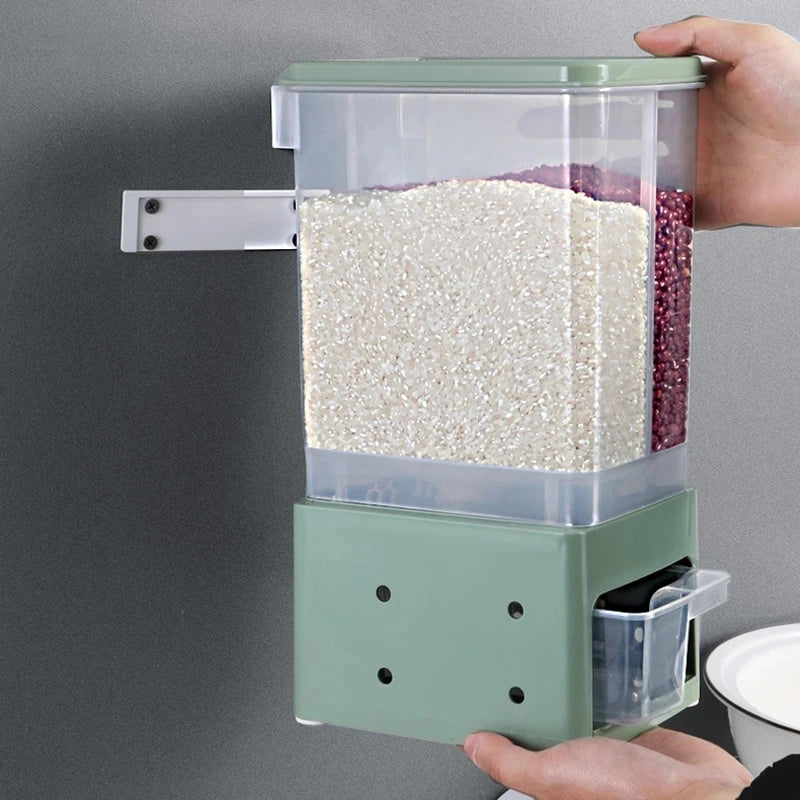 Wall Mounted Cereal Dispenser Moisture Proof Sealed Food Storage Box Rice Grain Storage Container Rice Bucket Kitchen Organizer