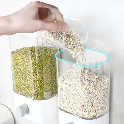 Wall Mounted Divided Rice And Cereal Dispenser Moisture Proof Automatic Racks Sealed Food Storage Box Rice Storage Container