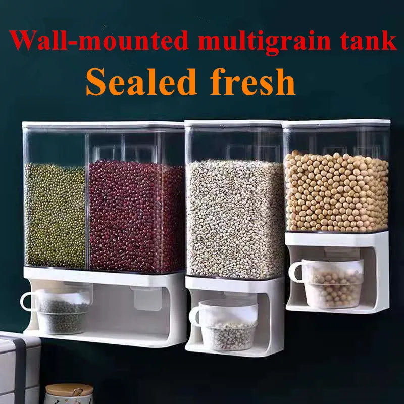 Wall Mounted Divided Rice Cereal DispenserPlastic transparent storage dry food dispenser dry food fruit storage box for Kitchen