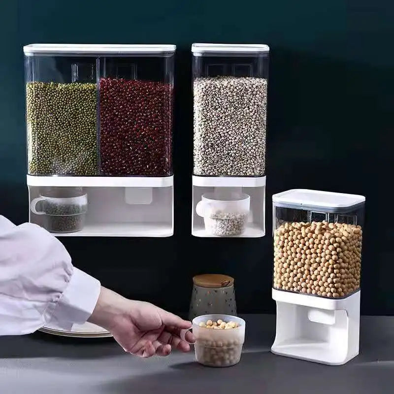 Wall Mounted Divided Rice Cereal DispenserPlastic transparent storage dry food dispenser dry food fruit storage box for Kitchen