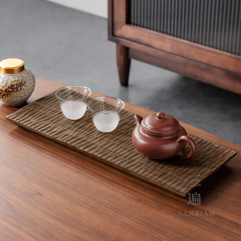 Walnut Kung Fu Tea Set Tray Carved Texture Dry Pour Tea Tray Kung Fu Accessories