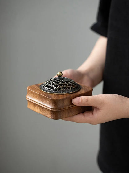Walnut Sandalwood Incense Burner Wooden Box Incense Burner with Carved Brass Cover Zen Meditation Room Decoration