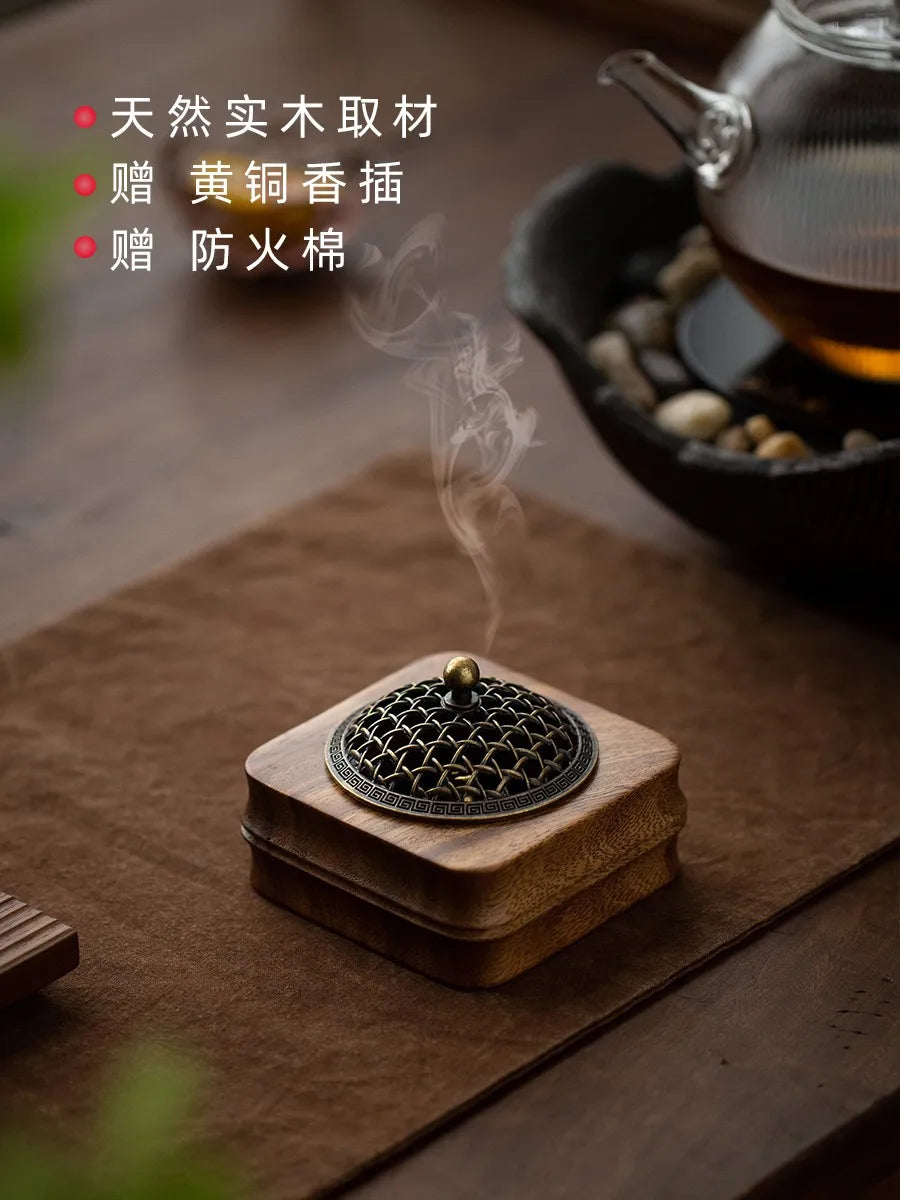 Walnut Sandalwood Incense Burner Wooden Box Incense Burner with Carved Brass Cover Zen Meditation Room Decoration