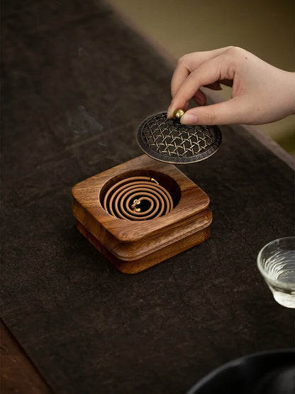 Walnut Sandalwood Incense Burner Wooden Box Incense Burner with Carved Brass Cover Zen Meditation Room Decoration