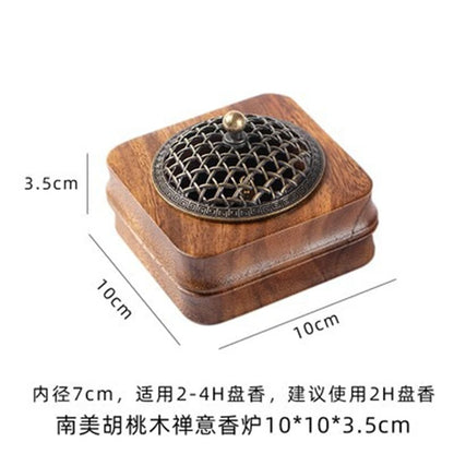 Walnut Sandalwood Incense Burner Wooden Box Incense Burner with Carved Brass Cover Zen Meditation Room Decoration