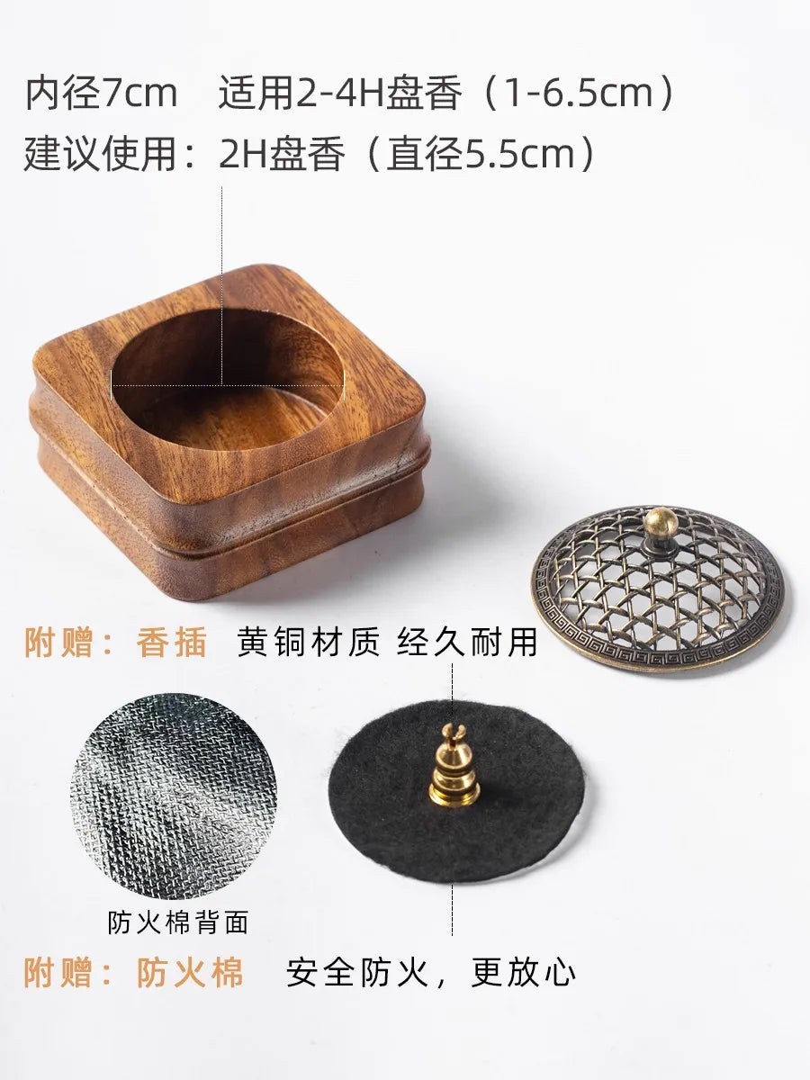 Walnut Sandalwood Incense Burner Wooden Box Incense Burner with Carved Brass Cover Zen Meditation Room Decoration
