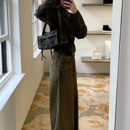 Wasteland Style Dark Versatile Pleated Drawstring Handbag 2024 Autumn and Winter New Single Shoulder Crossbody Women's Bag