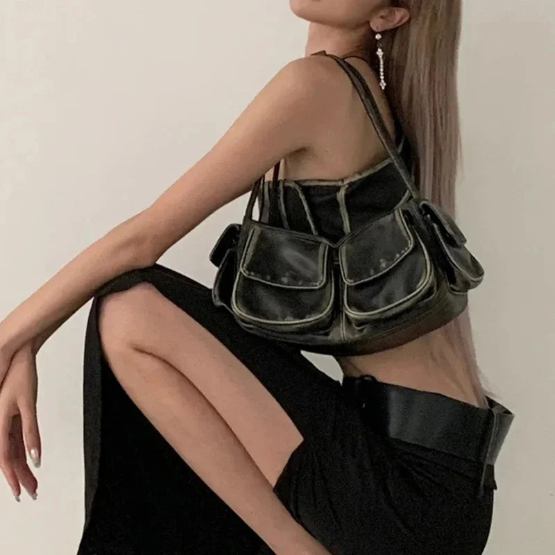 Wasteland Style Shoulder Niche Design 2024 Retro Versatile Rub Color Handbag Multi-pocket Armpit Y2K Women's Bag