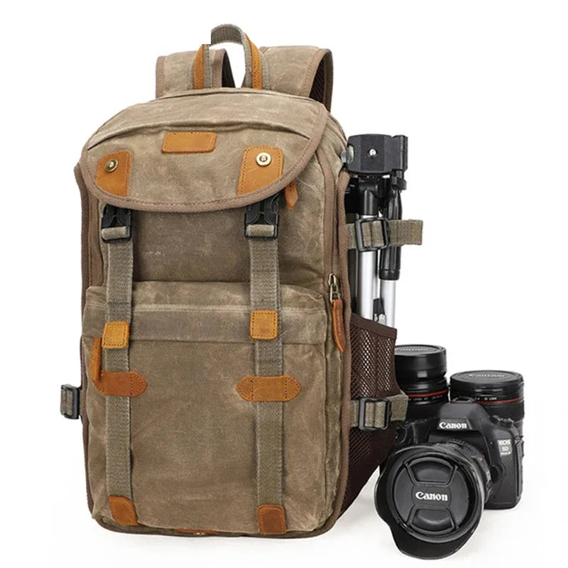 Waterproof Batik Canvas+Crazy Horse Leather Camera Bags Outdoor Photography DSLR/SLR Backpack Fotocamera SLR Bag for Nikon Canon