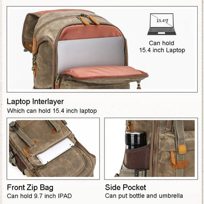 Waterproof Batik Canvas+Crazy Horse Leather Camera Bags Outdoor Photography DSLR/SLR Backpack Fotocamera SLR Bag for Nikon Canon