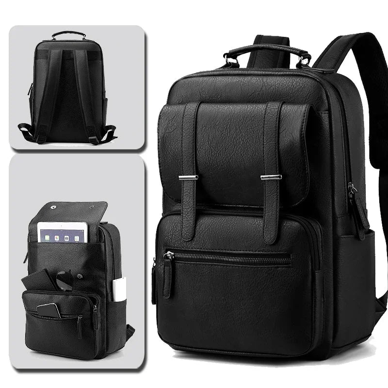 Waterproof PU Leather Film Backpack Men's Business Backpack Waterproof Laptop Bag Short Trip Rucksack Large Leather Bag for Men