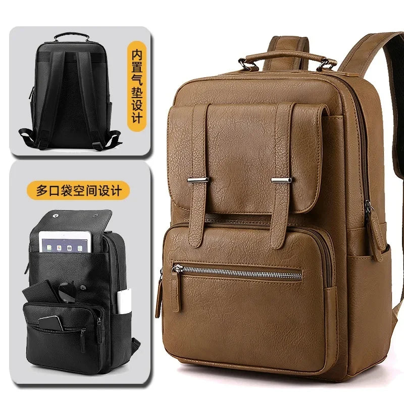Waterproof PU Leather Film Backpack Men's Business Backpack Waterproof Laptop Bag Short Trip Rucksack Large Leather Bag for Men