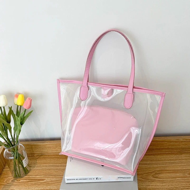 Waterproof Tote Bag for Work Stadium Gym Students Sports Fashion Underarm Jelly Candy Bag with Zipper Pouch for Women