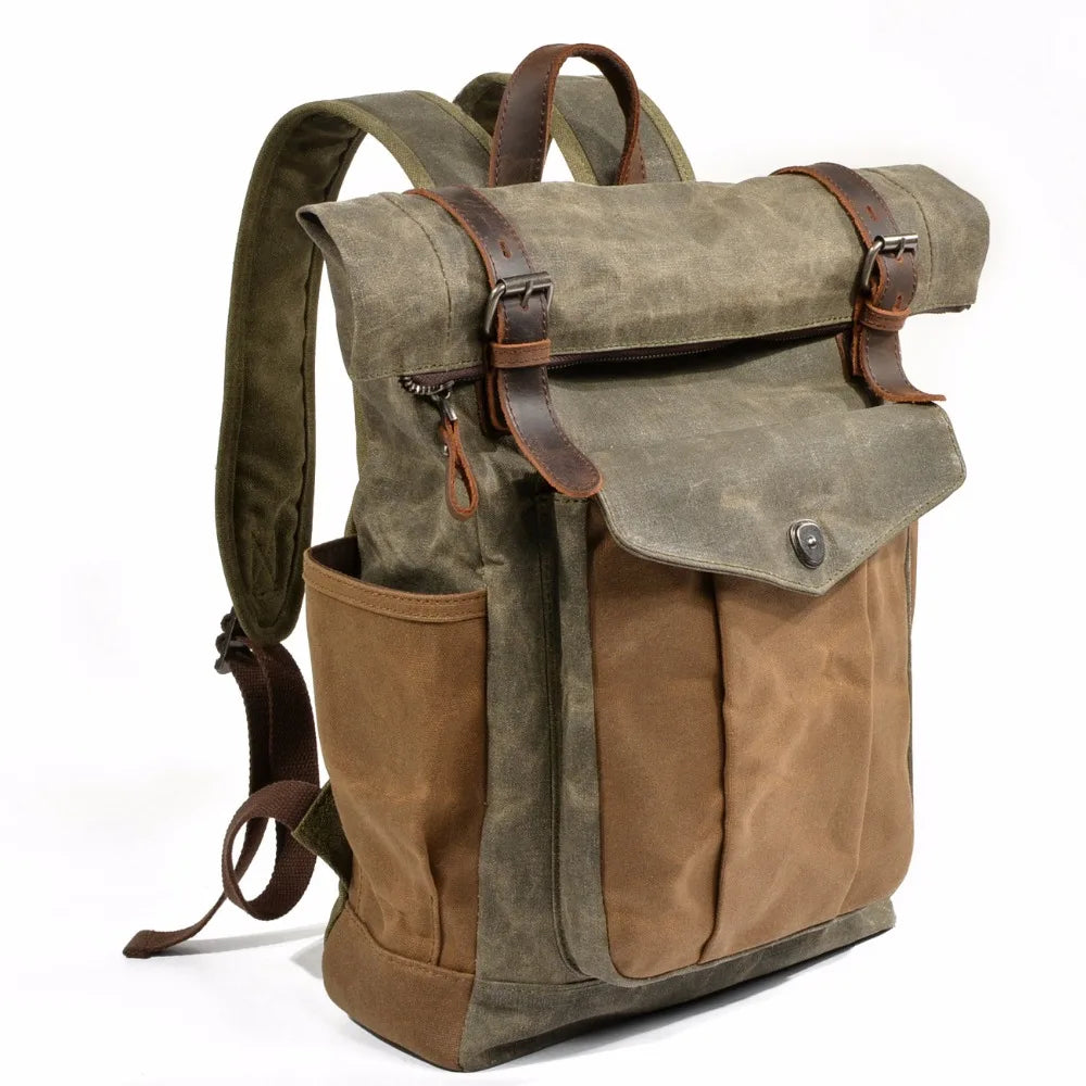 Waterproof vintage Backpack Leather Canvas Men Backpack School Bag Military Backpack Rucksack Male Knapsack Bagpack Mochila