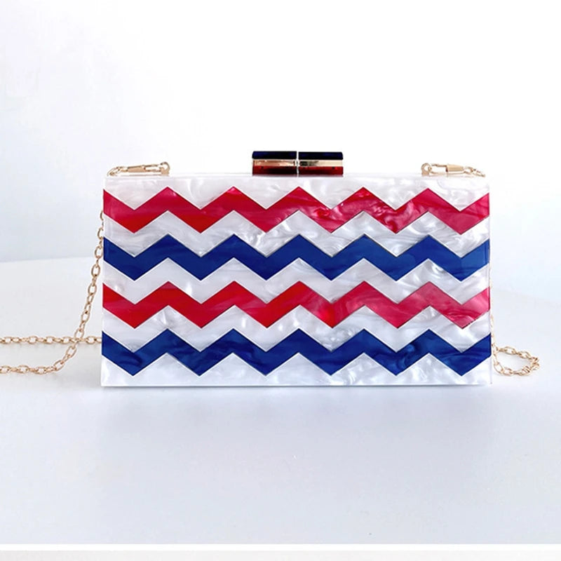 Wavely Acrylic Red Blue White Wedding Bridal Toted Handbag Woman Dinner Gala Gift Clutch Purse Fashion Banqeut Party Evening Bag