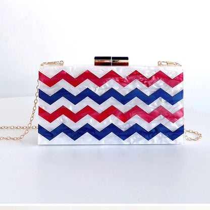Wavely Acrylic Red Blue White Wedding Bridal Toted Handbag Woman Dinner Gala Gift Clutch Purse Fashion Banqeut Party Evening Bag