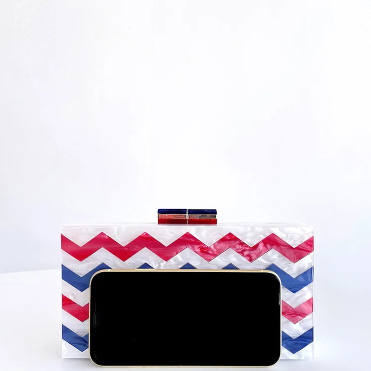 Wavely Acrylic Red Blue White Wedding Bridal Toted Handbag Woman Dinner Gala Gift Clutch Purse Fashion Banqeut Party Evening Bag