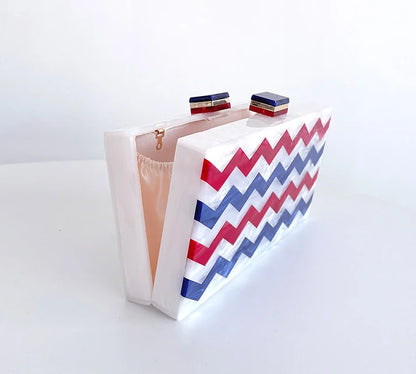 Wavely Acrylic Red Blue White Wedding Bridal Toted Handbag Woman Dinner Gala Gift Clutch Purse Fashion Banqeut Party Evening Bag