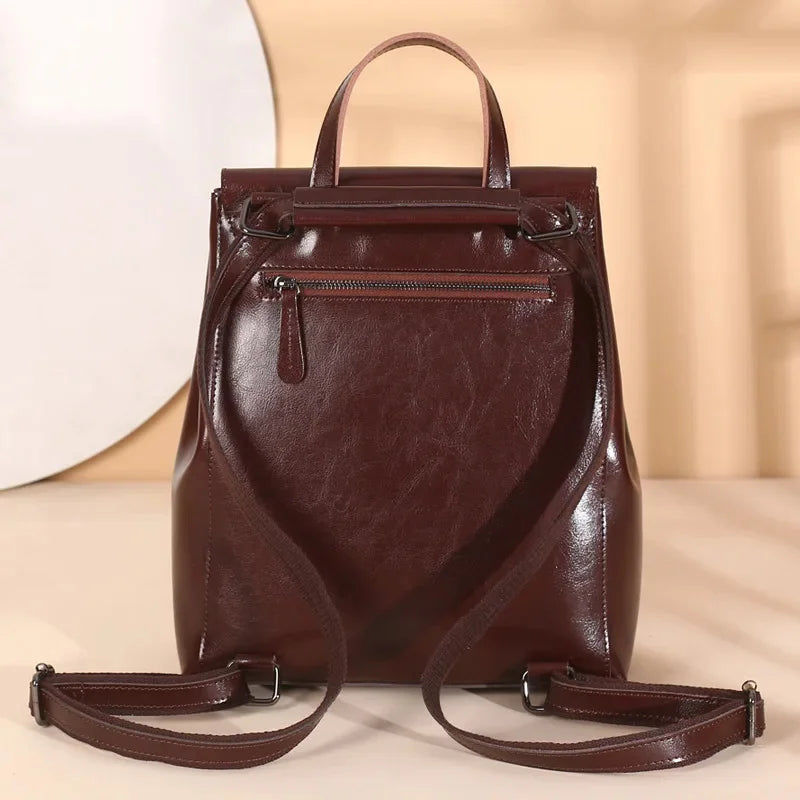 Waxed Backpack Fashion Leather Handbags Cowhide Shoulder Travel Ladies Backpacks Girls School Bags