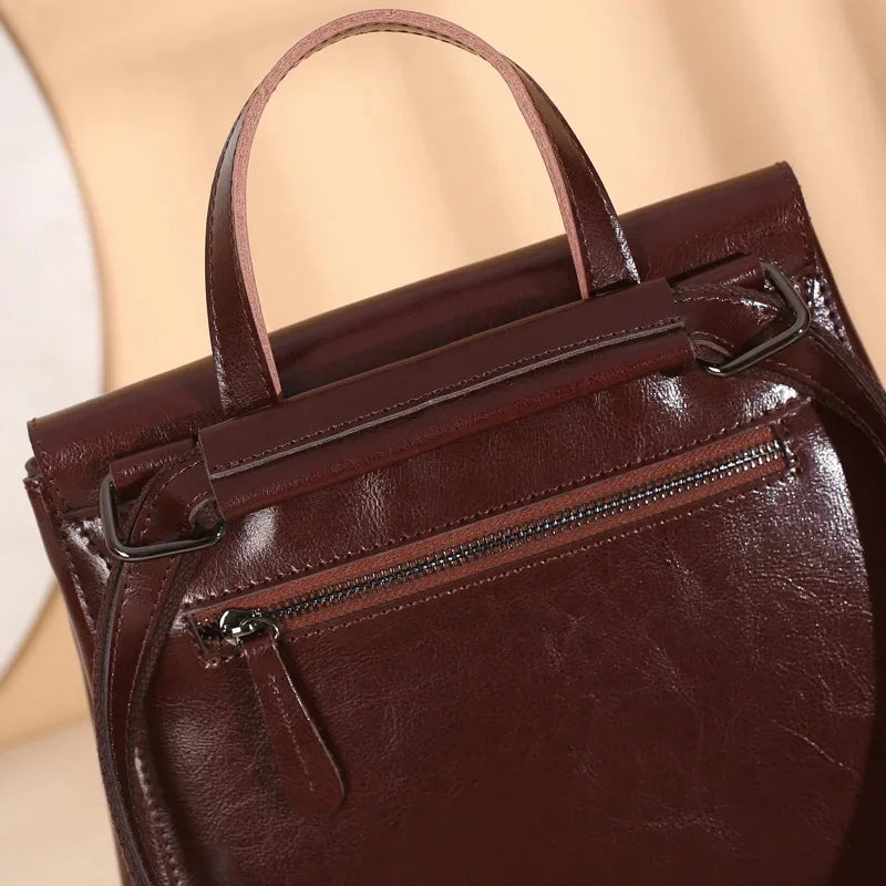 Waxed Backpack Fashion Leather Handbags Cowhide Shoulder Travel Ladies Backpacks Girls School Bags