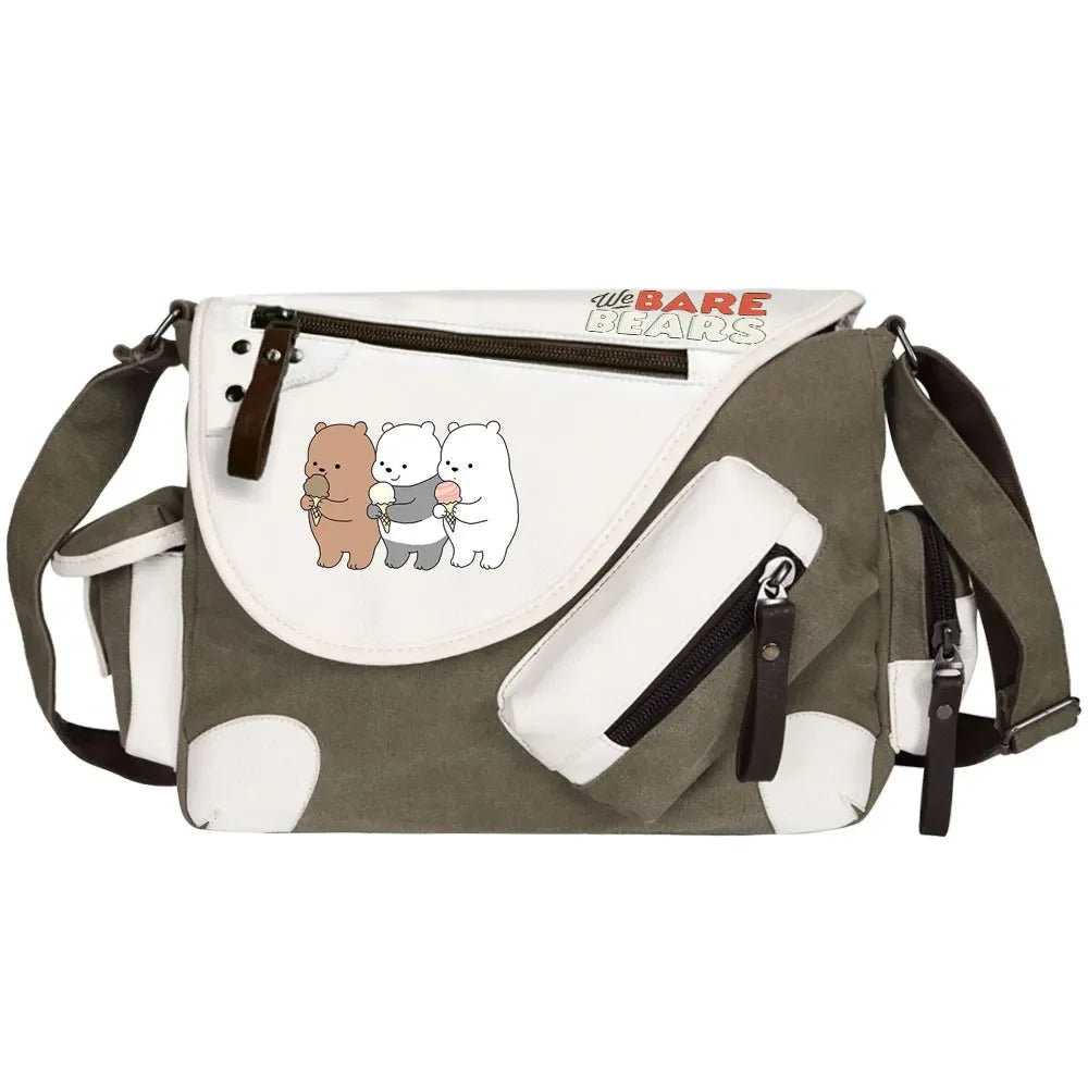 We Bare Bears Printed Women Canvas Casual Zipper Men Shoulder Bag Crossbody Bags Boys Girls Kids Schoolbags Messenger Bag