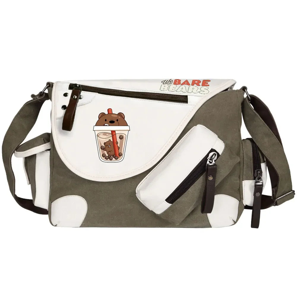We Bare Bears Printed Women Canvas Casual Zipper Men Shoulder Bag Crossbody Bags Boys Girls Kids Schoolbags Messenger Bag