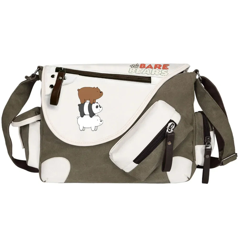 We Bare Bears Printed Women Canvas Casual Zipper Men Shoulder Bag Crossbody Bags Boys Girls Kids Schoolbags Messenger Bag