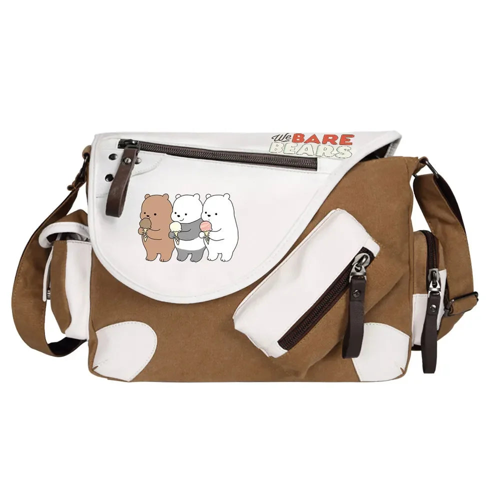We Bare Bears Printed Women Canvas Casual Zipper Men Shoulder Bag Crossbody Bags Boys Girls Kids Schoolbags Messenger Bag