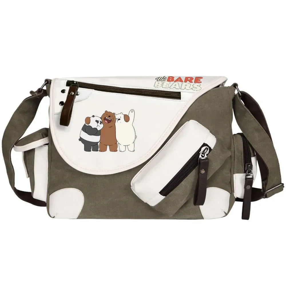 We Bare Bears Printed Women Canvas Casual Zipper Men Shoulder Bag Crossbody Bags Boys Girls Kids Schoolbags Messenger Bag