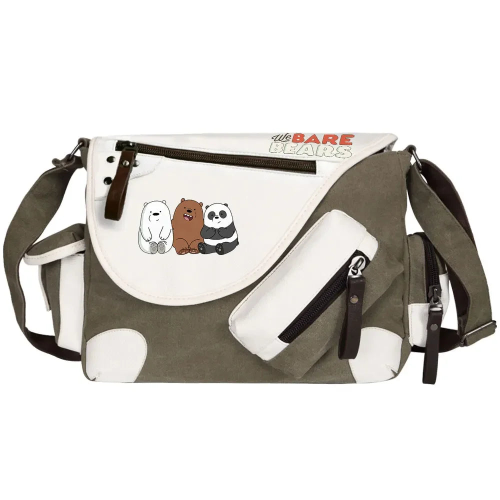 We Bare Bears Printed Women Canvas Casual Zipper Men Shoulder Bag Crossbody Bags Boys Girls Kids Schoolbags Messenger Bag
