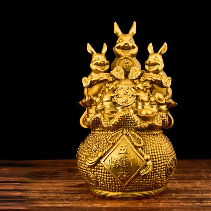 Wealth Attract Lucky Brass Rabbit Ornament Mascot Money Bag Rabbit Five Blessings Door Decoration