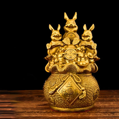 Wealth Attract Lucky Brass Rabbit Ornament Mascot Money Bag Rabbit Five Blessings Door Decoration