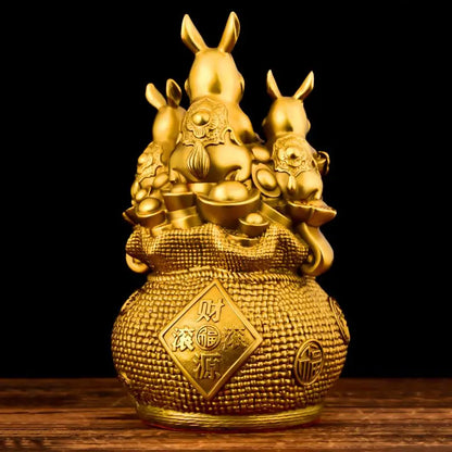 Wealth Attract Lucky Brass Rabbit Ornament Mascot Money Bag Rabbit Five Blessings Door Decoration