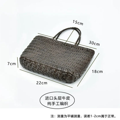 Weave Genuine Leather Handbag Feminine Handmade Woven Bucket  With Cotton Pockets Casual Knitting Leather Shopping Bags