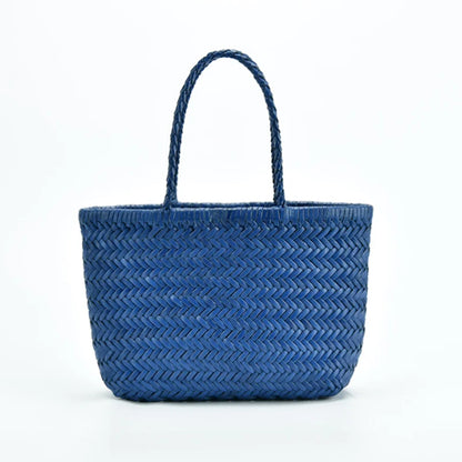 Weave Genuine Leather Handbag Feminine Handmade Woven Bucket  With Cotton Pockets Casual Knitting Leather Shopping Bags