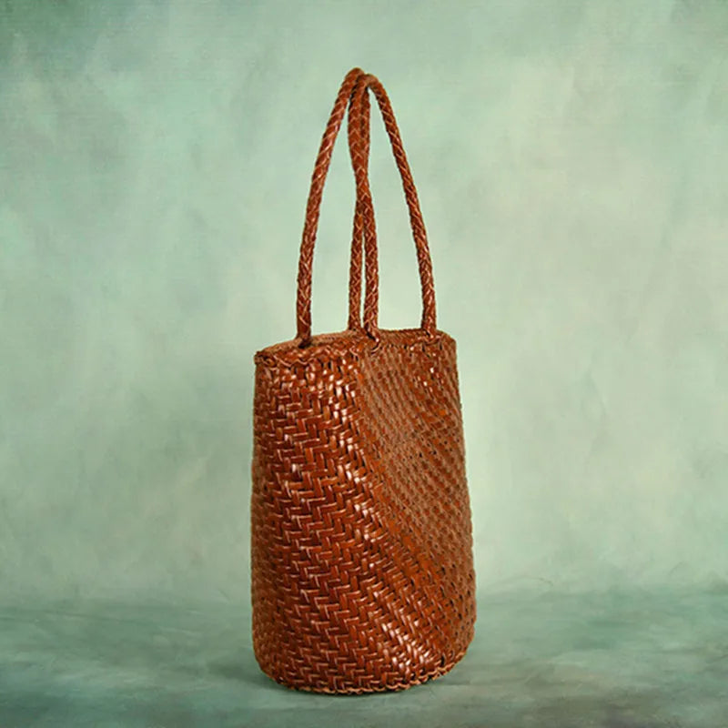 Weave Genuine Leather Handbag Tote Euro Fashion Shoulder Bag For Women 2024 New Brown Luxury Beach Shopping Bags