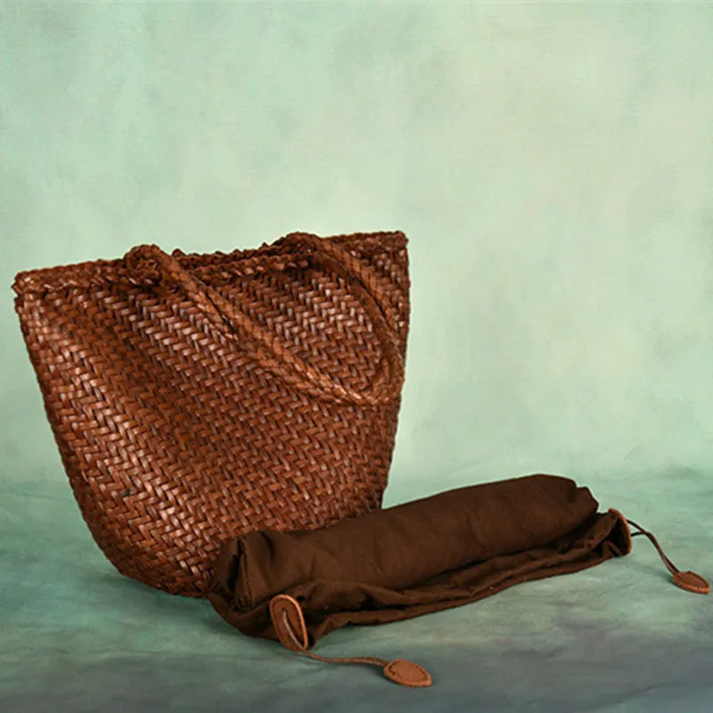 Weave Genuine Leather Handbag Tote Euro Fashion Shoulder Bag For Women 2024 New Brown Luxury Beach Shopping Bags